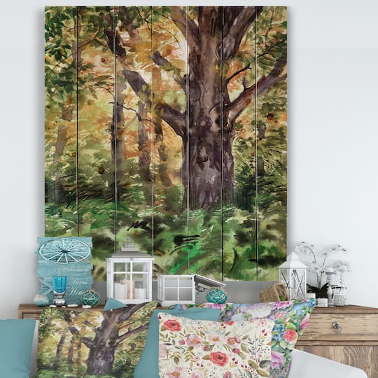 Designart - Large Tree In Autumn Forest - Lake House Print on Natural Pine Wood